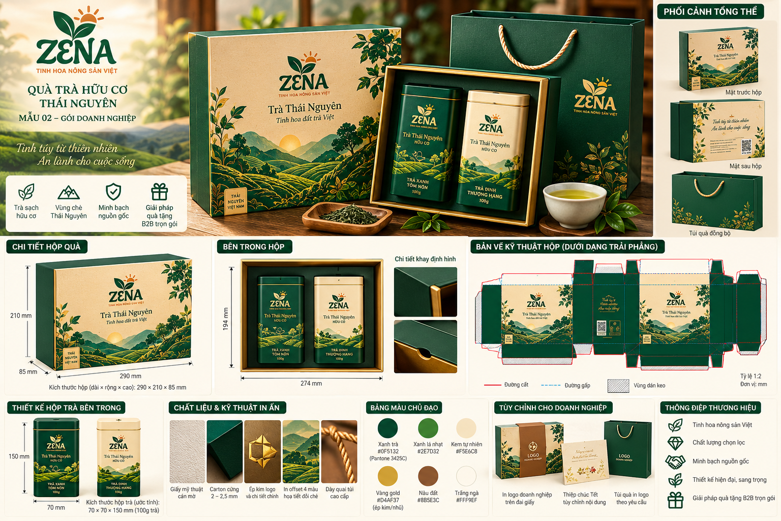 Bản vẽ kỹ thuật và phối cảnh bao bì hộp quà ZENA Mẫu 02